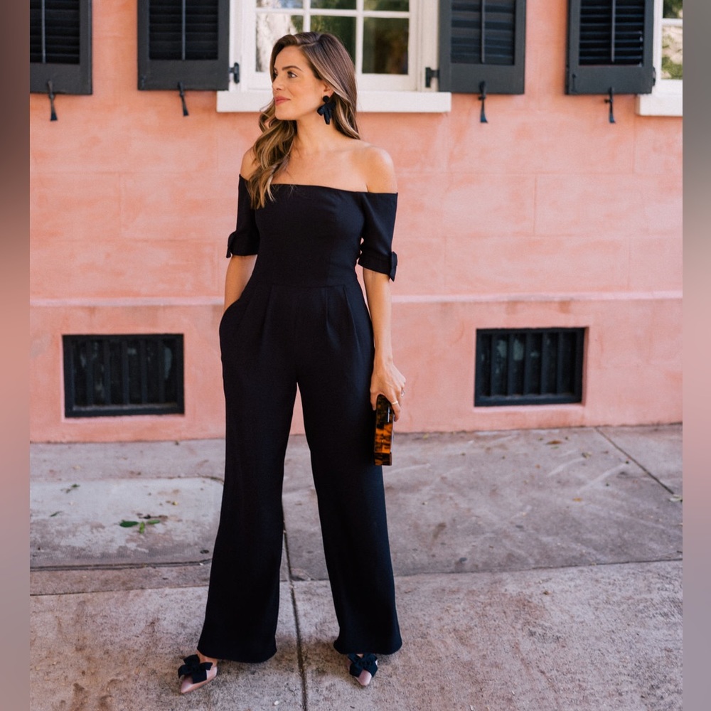 Gal Meets Glam Collection Black Meredith Crepe Off the Shoulder Jumpsuit